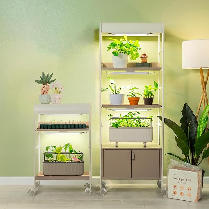 Vego garden 4 Tier Indoor Rolling Metal Corner Plant Stand with Grow Light, Full Spectrum LED Grow Light, Plant Rack for Seed Starting, Leafy, Herbs, Fruits & Microgreens