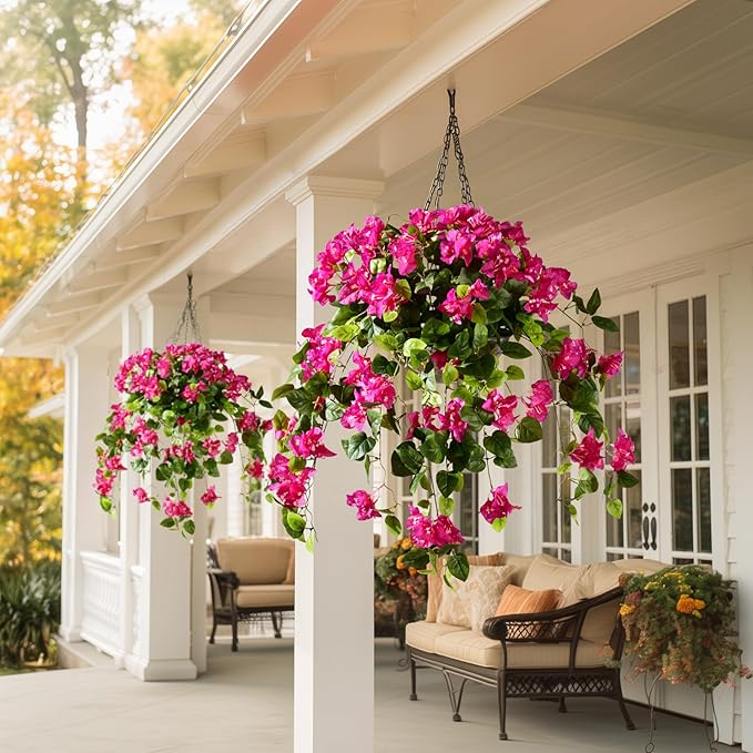 Bougainvillea Artificial Hanging Flowers for Outdoor 3 Pcs Faux Bougainvillea Flowers Fake Hanging Plants Silk Flowers Long Trailing Vines for Front Door Porch Planter Patio Balcony (Rose Red)