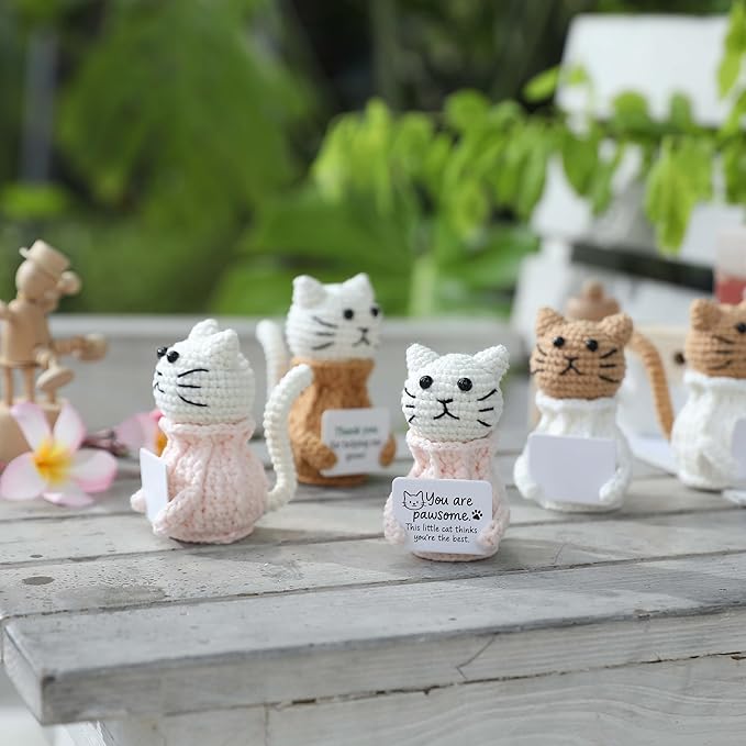 YOOJEE Positive Crochet Animals Cat – “You are Pawsome” Valentines Day Gifts for Him Her Boyfriend Girlfriend Women Teens, Emotional Support & Cheer Up Present, Teacher Appreciation, Birthday Gift