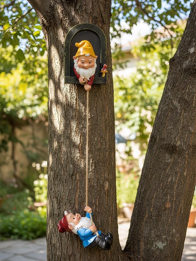 Elenon Climbing Gnomes Tree Faces Decor, Adorable Gnome Tree Hugger Fairy Garden Statue, Funny Peeker Sculpture Outdoor Yard Patio Art (2pcs)