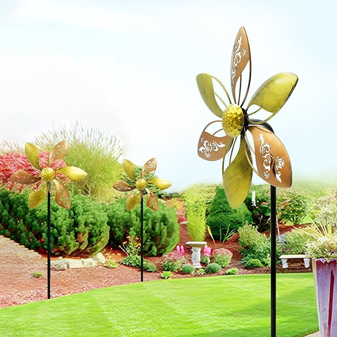 Gronhof Wind Spinners Outdoor Metal, 10.63" W*37" H Pinwheels for Yard and Garden Decor, Kinetic Wind Sculpture Spinner (Gold Ornate Laser-Cut Floral)