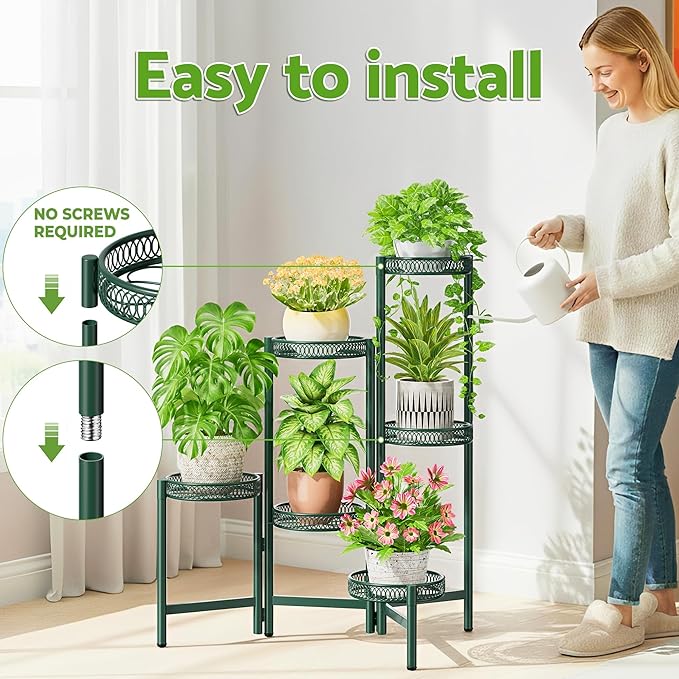 NQW Metal Plant Stands Indoor Outdoor, 6 Tier Plant Stand Corner Plant Shelf, Folding Tall Plant Rack, Heavy Duty Iron Flower Display Holder Stand for Living Room Patio Porch Balcony - GreenFlower