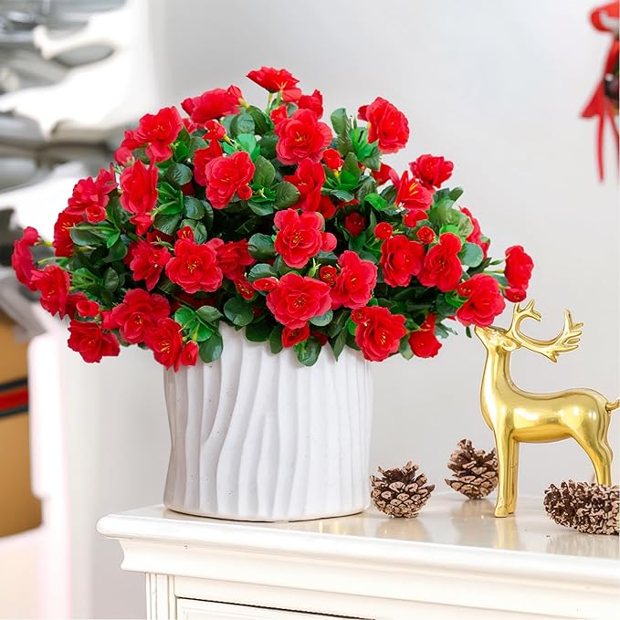 Ivydale Artificial Faux Red Flowers Plants for Outdoor Outside Spring Decor, Fake Silk Camellia UV Resistant Look Real for Planter Porch Patio Balcony Garden Table Indoor, 3 Large Bundles