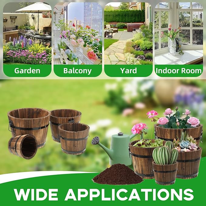 4 Pcs Wooden Whiskey Barrel Planters, Wooden Flower Planters Pots Boxes with Metal Handles 4 Sizes Planting Wood Buckets Christmas Tree Pot for Indoor Outdoor Garden Home Plants
