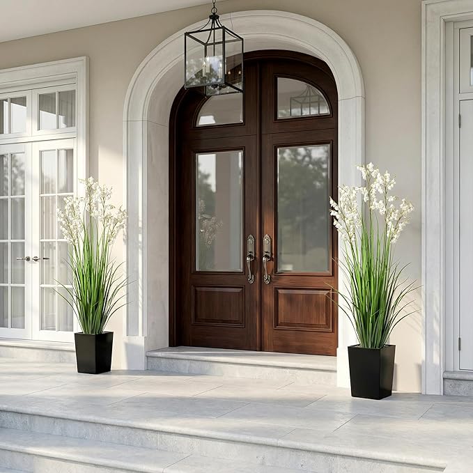 Ttranewsoo Artificial Tall Grass Plants with Pots 47“ 1 Pack Lily of The Valley Artificial Grass Home Interior Decorating and Outdoor Garden Decorations(White)