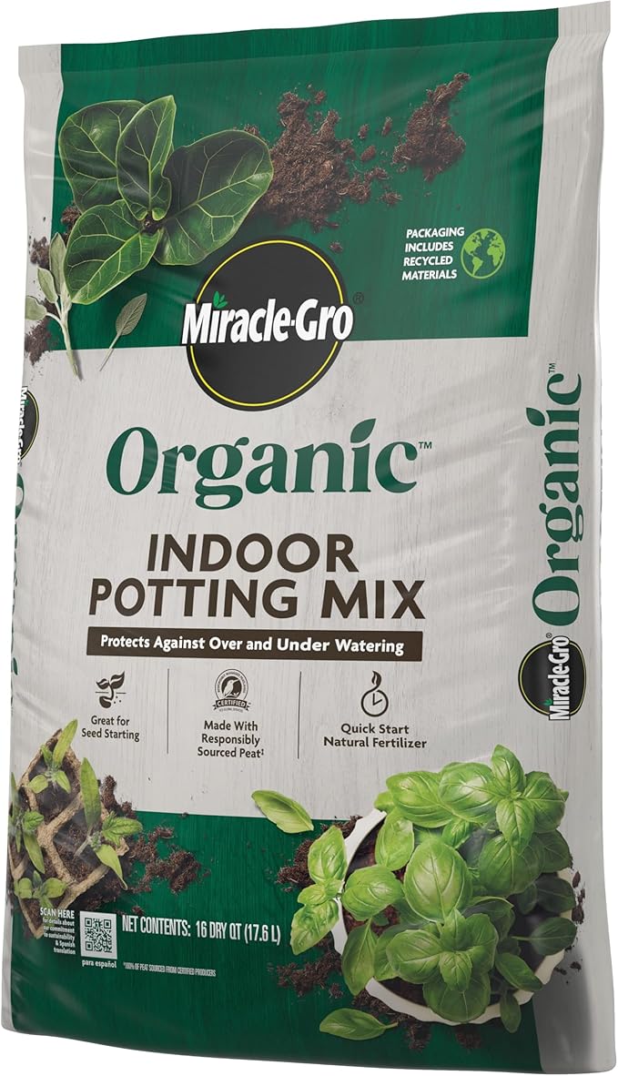 Miracle-GRO Organic Indoor Potting Mix, Protects Against Over and Under Watering, for Indoor Container Plants, Houseplants and Starter Plants, OMRI Listed, 16 qt., 2-Pack
