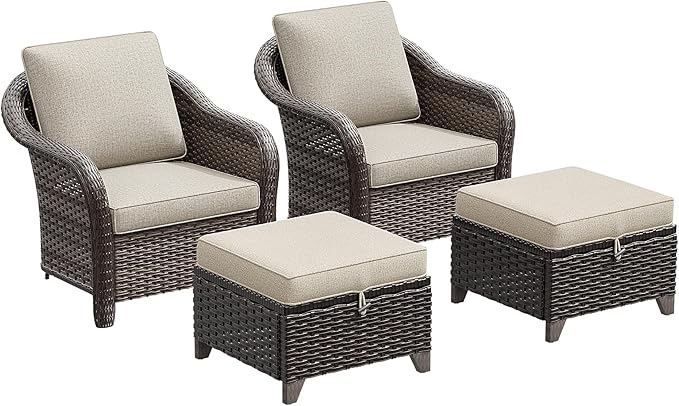 4 Pieces Patio Outdoor Conversation Furniture Set with Cushions, All-Weather Wicker Ottomans, PE Rattan 2 Chairs for Backyard, Deck, Lawn (Beige)