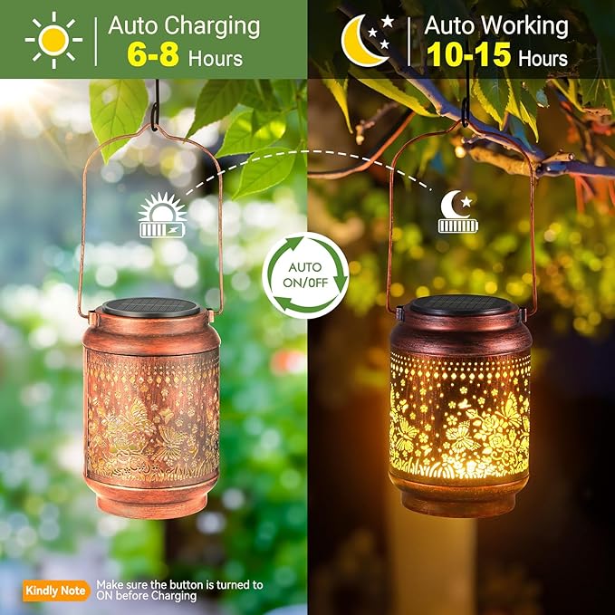 KOOPER Solar Lanterns Outdoor Waterproof Birthday Gifts for Women Mom Grandma, 2 Pack Upgraded Hummingbird Hanging Solar Lantern Lights Outdoor, Metal Outdoor Decoration for Yard (Butterfly and Rose)