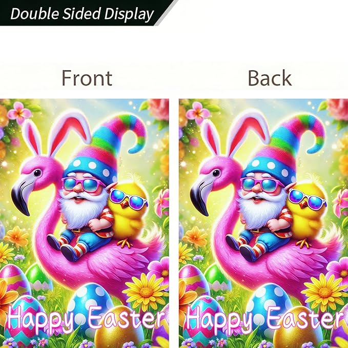 Happy Easter Garden Flag 12x18 Inch Double Sided Gnome Flamingo Chick Design with Easter Egg Small Outdoor Yard Flag Colorful Easter Banner for Porch Lawn Patio Spring Decor