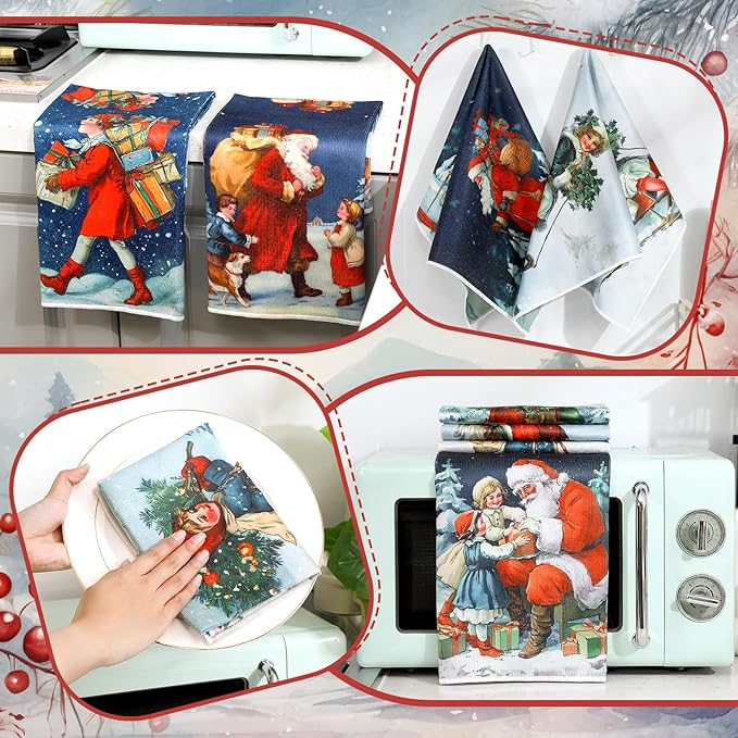 Bencailor 16 Pcs Christmas Kitchen Towels Santa Claus Hand Dish Towels Soft Absorbent Vintage Xmas Tea Dishcloths for Christmas Holiday Kitchen Bathroom Home Decor Gifts