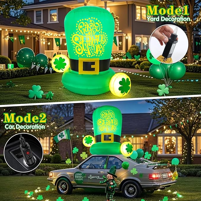 5FT St Patricks Day Inflatables Outdoor Decorations Car Roof Decoration Blow Up Leprechaun Hat Decor with Built-in LED Lights for Vehicle Yard Lawn Garden Outside Indoor Holiday Party