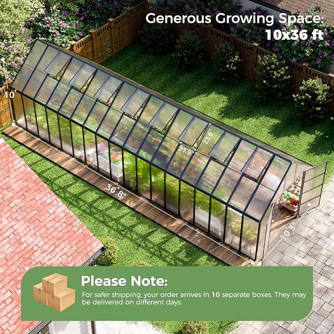10*36 FT Large Greenhouses for Outdoors Heavy Duty, Aluminum-Framed Polycarbonate Greenhouse with Quick Setup Structure and 7 Vent, Walk-in Greenhouse kit for Garden & Backyard