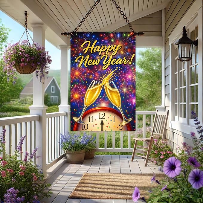 Happy New Year House Flag 28x40 Inch Champagne Glasses Fireworks and Clock Design Garden Flag Colorful Outdoor Yard Decoration Holiday Celebration Banner for Home Porch Lawn