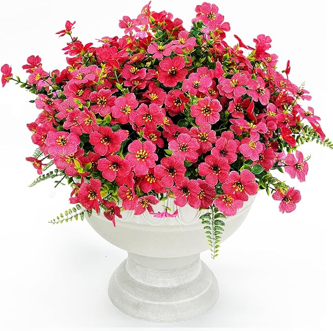 Pinenoya Artificial Faux Plants Flowers Outdoor Decoration,16 Bundles Fake Silk Colorful Daisy Eucalyptus Realistic UV Resistant for Outside Home Planter Porch Patio Yard Decor (Red)