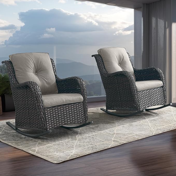 Rilyson Patio Chairs Outdoor Rocking Chair - 3 Piece Wicker Patio Bistro Set Rattan Patio Furniture Rocker Chairs and Side Table for Porch Deck Backyard Garden(Brown/Grey)