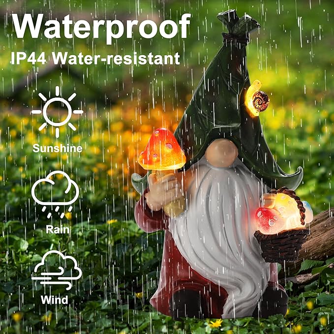 ZhiYo-GD Gnome Solar Garden Statue with 3 LED Lights, Mushroom-Picking Gnome Statue Outdoor Decor for Patio, Yard, Balcony, Lawn Ornament, Unique Gift for Mom, Grandma Christmas