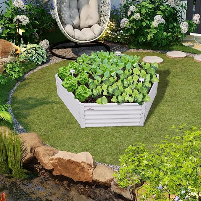 A ANLEOLIFE Hexagon Metal Raised Garden Bed, 18'' Tall Galvanized Flower & Ornamental Planter, 3FT Wide Decorative Raised Bed, Antique White