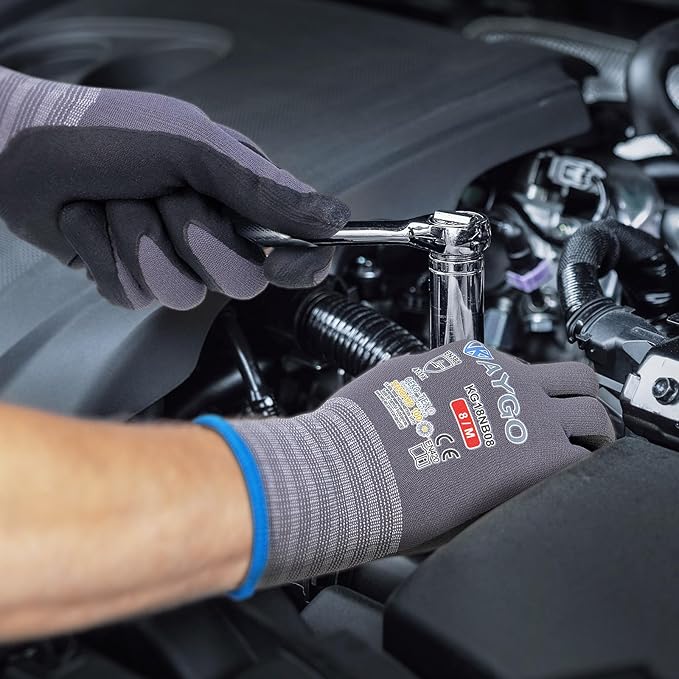 Safety Work Gloves MicroFoam Nitrile Coated-12 Pairs,KAYGO KG18NB,Seamless Knit Nylon Glove with Black Micro-Foam Nitrile Grip,Ideal for General Purpose,Automotive,Home Improvement,Red