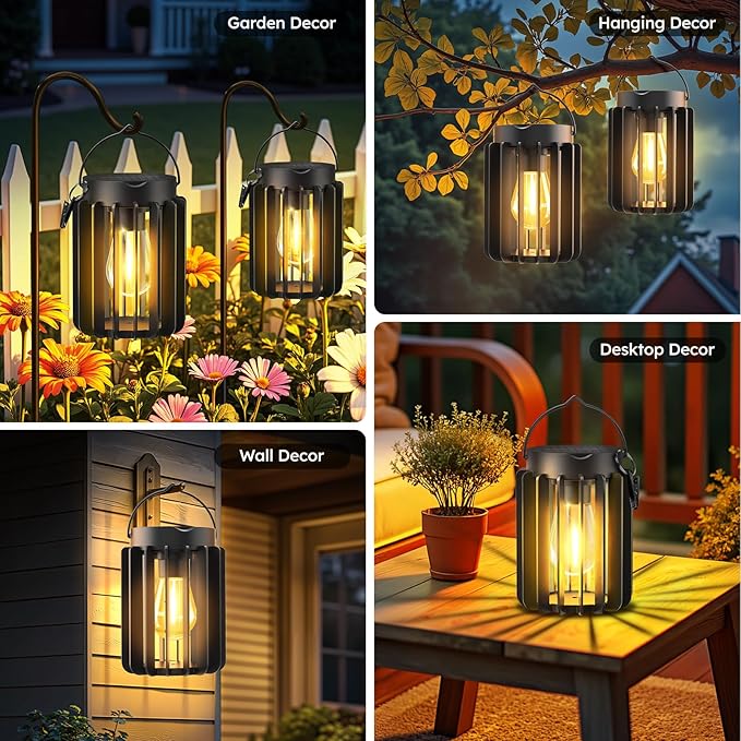 Solar Lanterns Outdoor Waterproof, Brighter Up to 12 Hrs Outdoor Hanging Solar Lights, Outside Hanging Lanterns for Garden Porch Patio Yard Decor, Gifts for Women Mom Father Black, 4 Pack