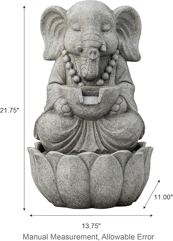 Glitzhome 2-Tiered Zen-Style Concrete Elephant Polyresin Outdoor Fountain with Pump and LED Light, 21.75" H
