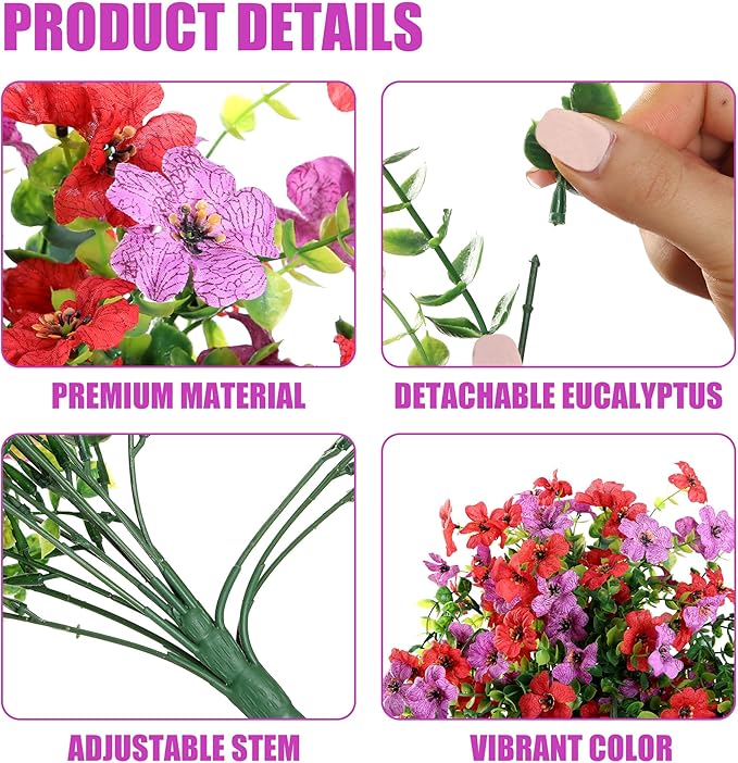 Artificial Fake Hanging Flowers Plants for Outdoor Outside Spring Summer Decoration 2PCS Faux Silk UV Resistant Realistic Mums Daisy with Eucalyptus for Home Porch Patio Balcony(Red & Magenta)