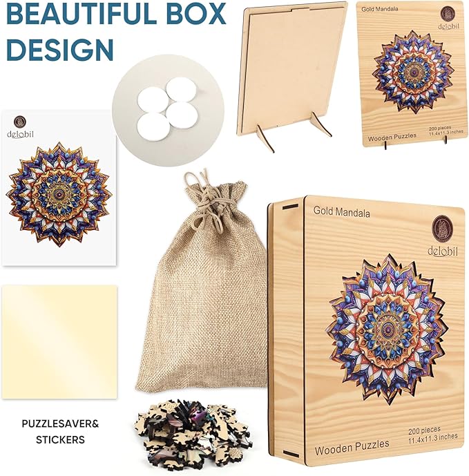 Delobil Jigsaw Puzzles for Adults, Mandala Flower Wooden Puzzles 200 Pieces, Geometric Art Gold Round Jigsaw Puzzles for Adults and Kids, Family Puzzle Games Gift Puzzle, 11.4 x 11.3 Inches
