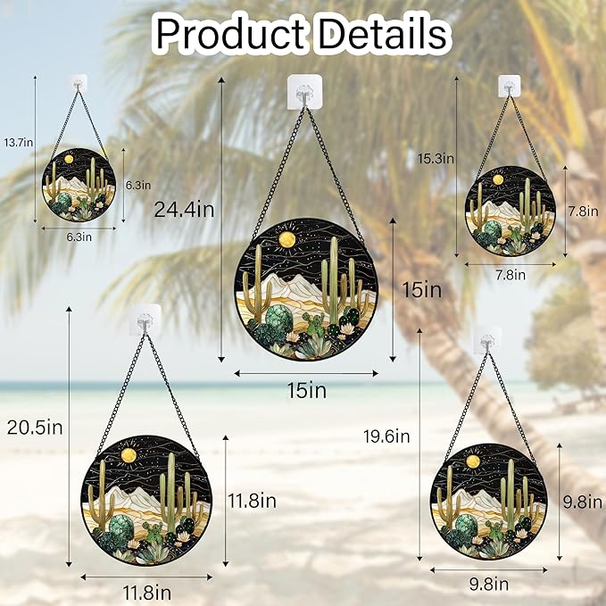 DASTOLL Stained Glass Window Hanging, Black and White Golden Cactus Nature Suncatcher for Doors Window Home Starry Sky Sun Catchers Decor Mother's Day Birthday Gifts for Women, Men Mom 7.8 in