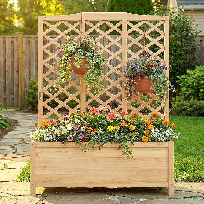 Wooden Raised Garden Bed with Trellis, Freestanding Planter Box with Drainage for Vines Climbing Plants Flowers Herbs, Elevated Gardening Planter for Backyard Balcony Patio