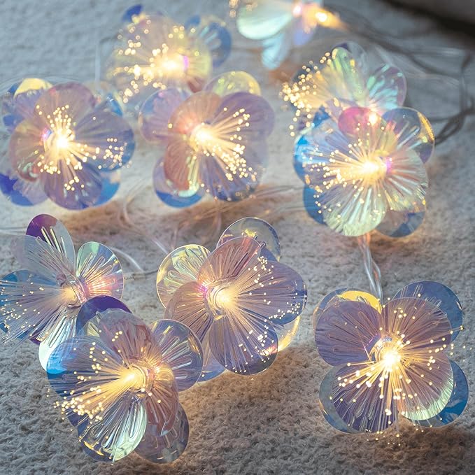 YOLIGHT Fiber Optic Flower String Lights Battery Operated with Timer, 13ft 20 LED Flower Garland Lights Fairy Decor Light for Room Table Wedding Christmas Easter Décor (Warm White)