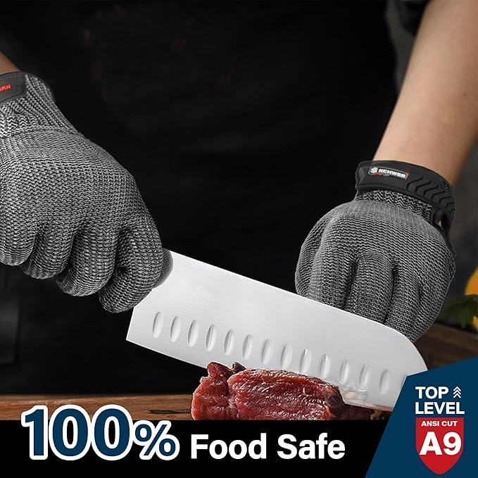 Schwer Ultimate Cut Resistant Gloves Beyond ANSI A9, Reinforced Stainless Steel Glove, Food Grade Mesh Metal Gloves for Butcher Meat Cutting, Oyster Shucking, Mandoline, Non-PFAS, PR1708 (S, 2 PCS)