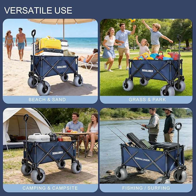 Beach Wagon with Big Wheels for Sand, 35"L Heavy Duty Folding Beach Wagon with 9ร4" Balloon Tires, All Terrain Utility Cart for Garden, Sports, Camping, Outdoor (SandRover X800-B,Navy Blue)