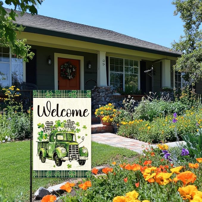 St Patricks Day Welcome Garden Flag 12x18 Inch Double Sided,Shamrocks Truck Buffalo Plaid Outdoor Irish Decor House Porch Flag for St Patrick's Day Party and Yard Decorations