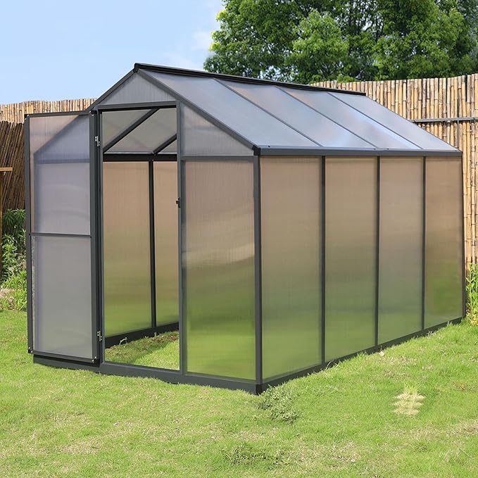 6x8 FT Greenhouse Kit for Outdoor, Polycarbonate Aluminum Walk-in Green House with Lockable Door and Adjustable Roof Vent, Backyard Garden in Winter, Gray