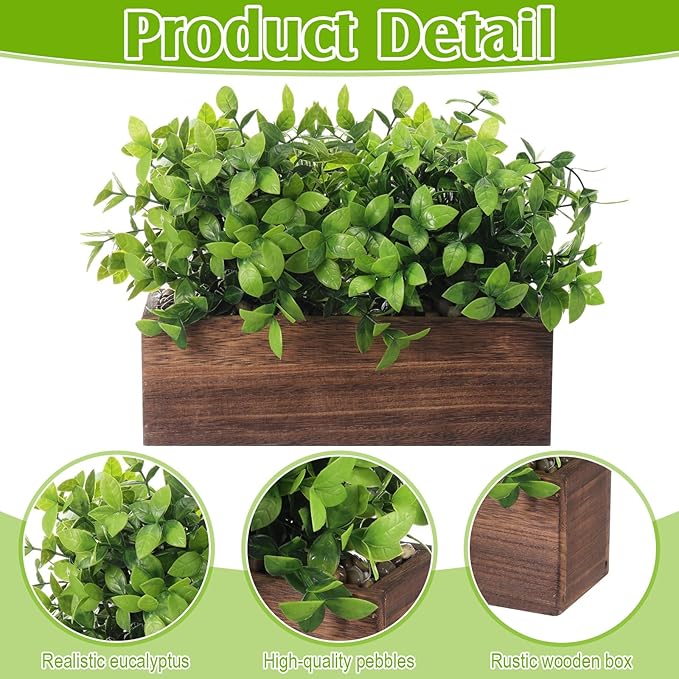 Lyrow 2 Pack Artificial Eucalyptus Plant in Rectangular Rustic Wooden Planter Box Faux Potted Herb Plant Table Centerpiece for Kitchen Windowsill Shelf Decor (Brown,11.4 '')