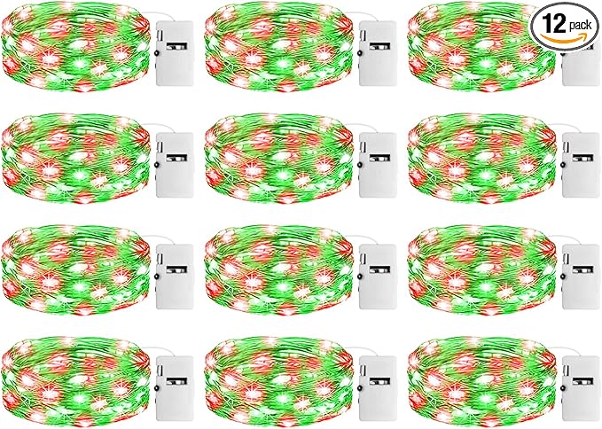 12 Pack Fairy Lights with Timer Battery Operated, 3 Modes 7ft Mini Twinkle Lights Waterproof, 20 LED Bulk String Light for Mason Jars Christmas Decoration Wedding Table Centerpieces,Red&Green