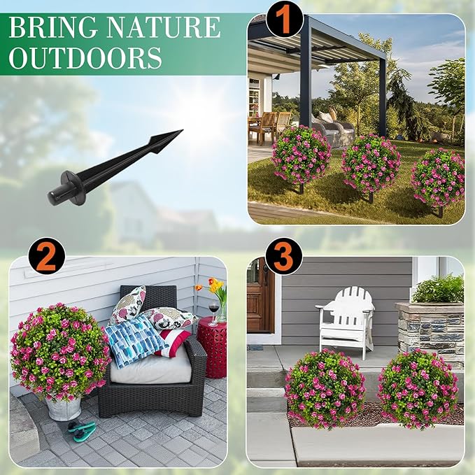 25" Artificial Boxwood Topiary Ball Trees with RoseFlowers, Set of 2 UV Resistant No Fade Outdoor Faux Plants with Ground Spike, Fake Shrubs for Garden, Patio, Porch, Yard, Indoor