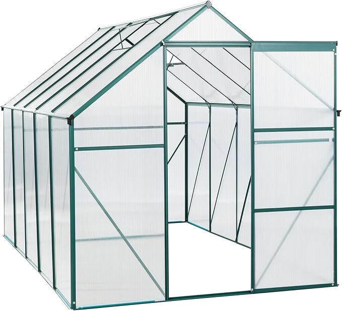 Favfurish 6X10 FT All Season Heavy Duty Walk-in Greenhouses, Outdoor Polycarbonate Plants Green House for Backyard Garden, Sliding Door Raised Base Anchor Aluminum, Green