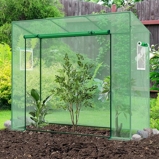 Happygrill Mini Greenhouse, Walk-in Greenhouse w/PE Cover, 4 Wind Ropes & Ground Stakes, Roll-up Zipper Door, Double-Layer Screen Windows, Portable Small Greenhouses for Outdoors, 6.6 x 2.5 x 5.6 FT