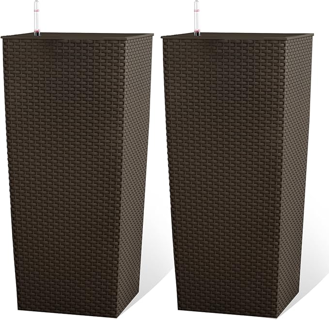 Vigo huseeo 23in Tall Planter Set of 2, Large Self Watering Pots for Indoor/Outdoor Plants with Drain Holes, Water Level Monitor, Inner Bucket for Front Porch Patio, Brown Rattan