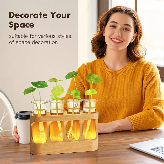 Plant Propagation Station with LED Light – Beech Wood & Glass Desk Decor, Indoor Terrarium with Wooden Stand, Plant Gifts for Women Plant Lovers