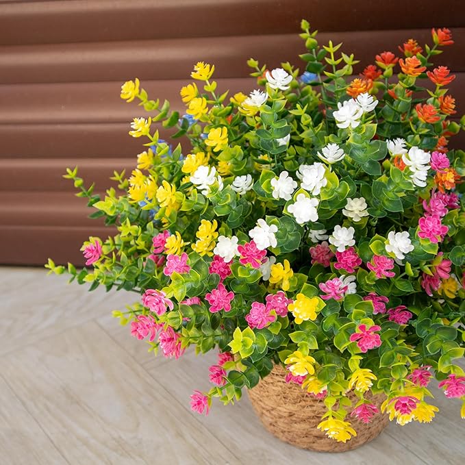 BCBLF Artificial Flowers Outdoors, 12 Bundles Fake Flowers UV-Anti for Decoration Faux Plastic Plants Garden Porch Window Box Décor, WhitePinkYellowOrangeBlueGreen