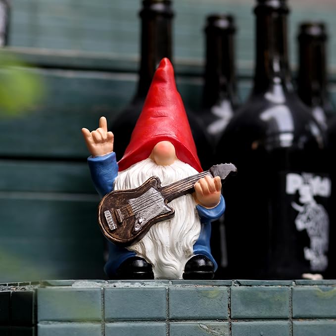 Garden Gnome with Guitar 7.1“ Figurine Ornament for Indoor Outdoor Home Patio Yard Lawn, Red Hat, Blue Outfit, Indoor Outdoor Decorative Statue