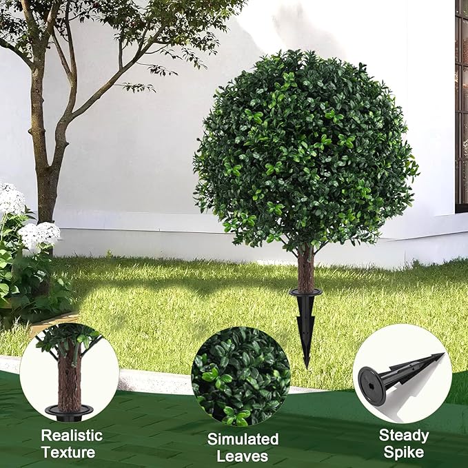 Chillchard Set of 2 Artificial Boxwood Ball Trees for Outdoor with Spike, UV Resistant Faux Topiary Ball, Fake Plants Greenery Round Shrubs Bushes for Entryway Front Porch Decor
