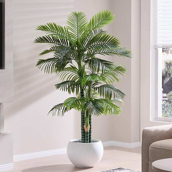 6FT Tall Triple Golden Cane Palm Tree (1 Pack), Large Faux Plants, UV Resistant Indoor/Outdoor Fake Plant in Heavy Cement Pot - Realistic Tropical Decor for Patio, Living Room, Office