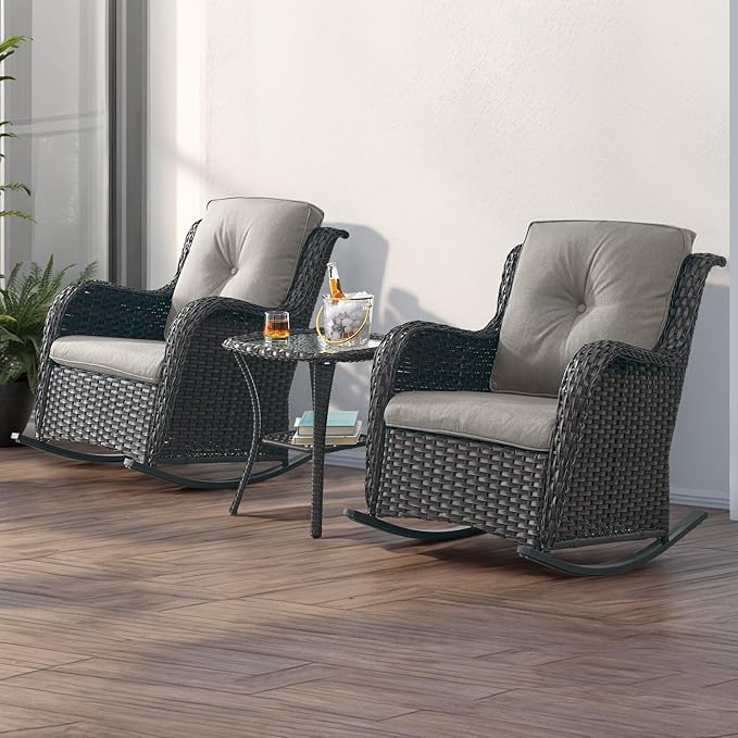 Rilyson Patio Chairs Outdoor Rocking Chair - 2 Piece Wicker Rattan Rocker Chairs Set with High Back and Deep Seating for Porch Deck Garden Backyard(Brown/Grey)