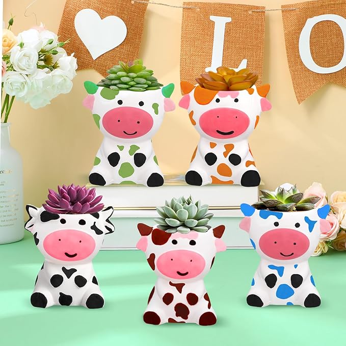 Pasimy 6 Set Ceramics to Paint DIY Ceramic Succulent Planter Pots Paint Your Own Flower Pots Craft Kit Unpainted Bisque Flowerpot with Brush Palette for Family Activity Holiday Gifts(Cow)