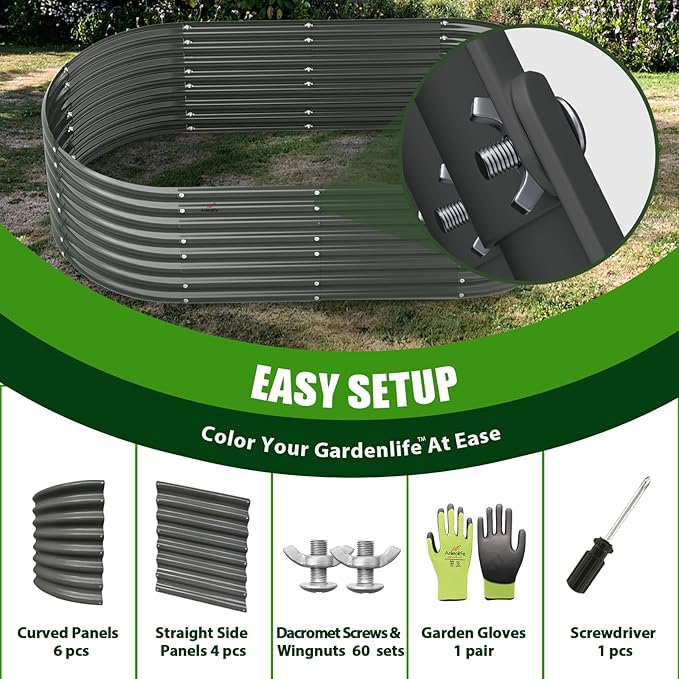 A ANLEOLIFE 6-Set 8X4X2 ft Galvanized Raised Garden Bed Kit, Oval Metal Deep Root Planters for Outdoor Plants, Quartz Grey