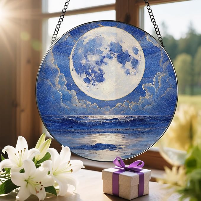 LAOWEIKI 8'' Full Moon Over Ocean Sun Catcher Ornament, Stained Glass Window Hanging, Suncatchers for Windows Hanging Ornaments, Window Decor | Ideal Gift, Mother's Day, Christmas, Birthday Gifts