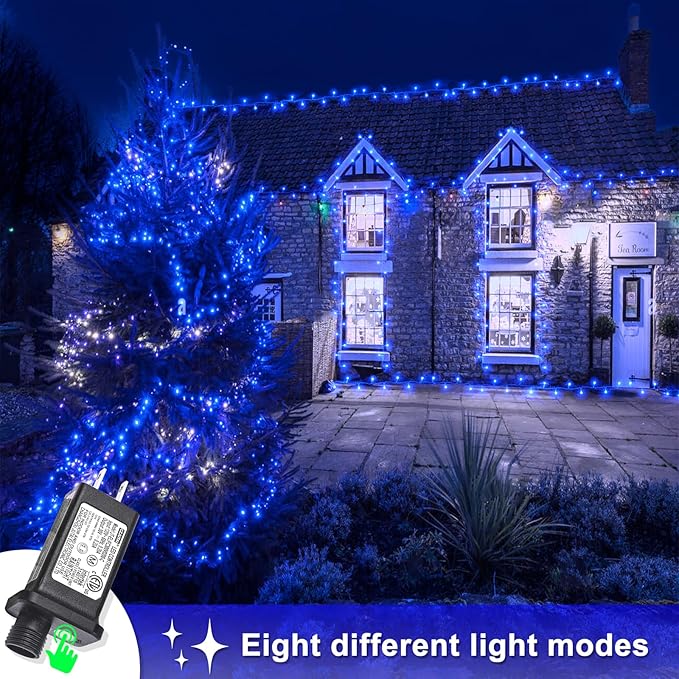 120 LED Blue Christmas Lights Outdoor, 40ft Clear Wire Blue String Lights 8 Modes, Plug in Waterproof Fairy String Light for Indoor Christmas Tree Bedroom Decorations