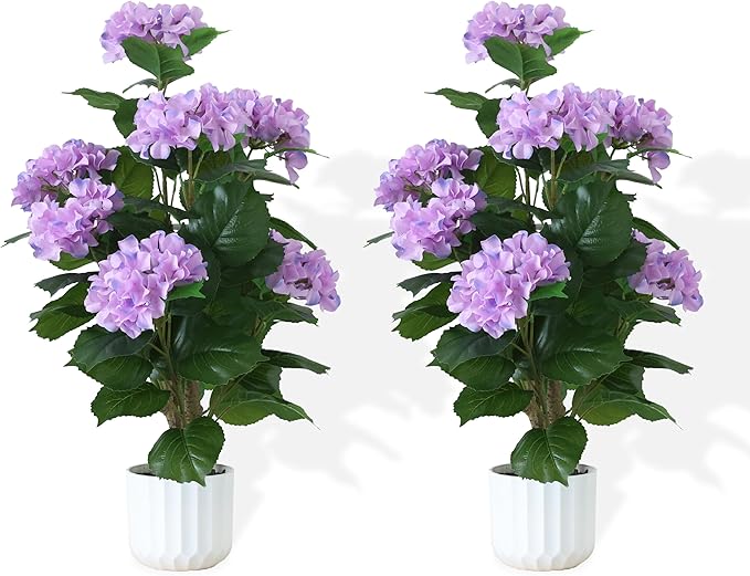 GOCEJOOO 31inch Artificial Purple Hydrangea Flowers Potted Plant for Indoor & Outdoor Office Home Porch Decor, Realistic Tree with Long-Lasting Color (2, Purple)